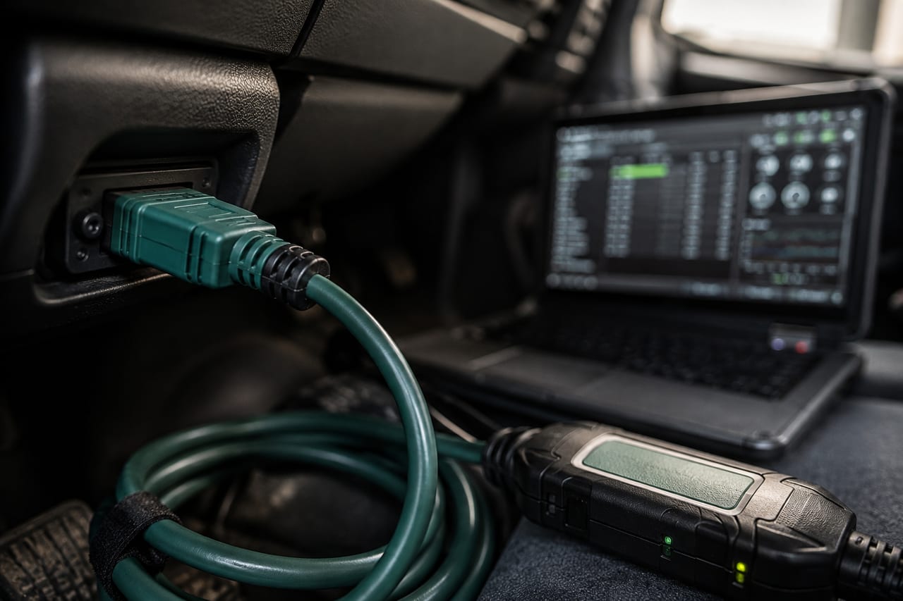 Cable de diagnóstico de 9 pines conectado al puerto de datos de un camión pesado para diagnosticar que no arranca