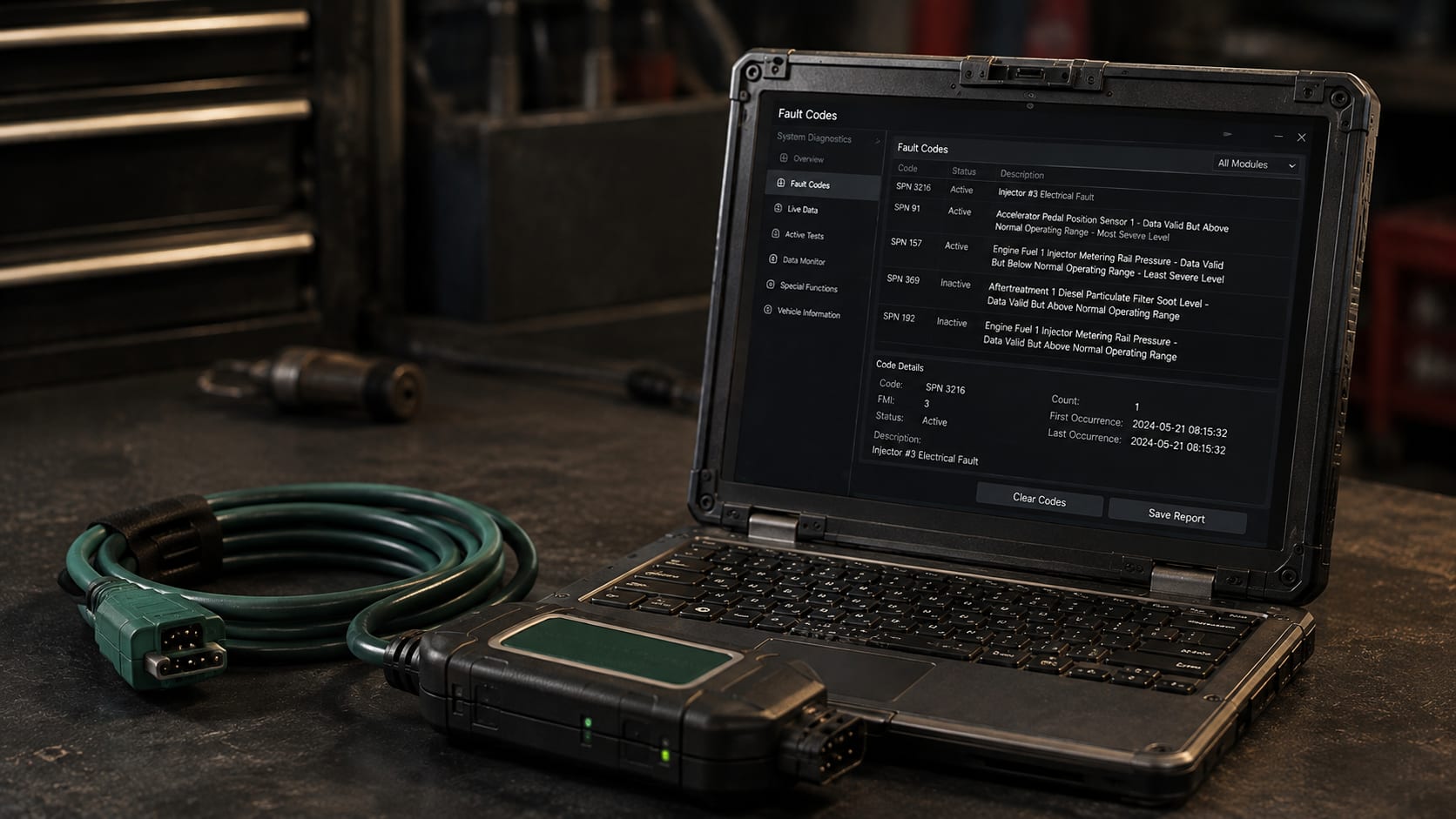 Diagnostic laptop on a shop workbench showing heavy-truck SPN fault codes during a DEF system diagnosis