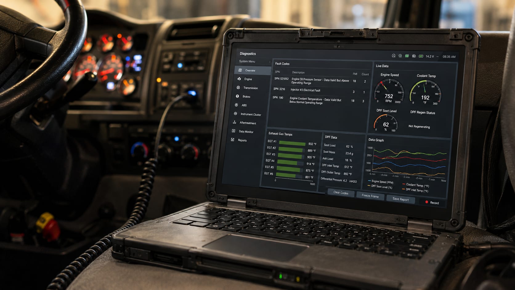 Diagnostic laptop showing live engine and aftertreatment data plugged into a heavy truck for mobile roadside diesel diagnostics