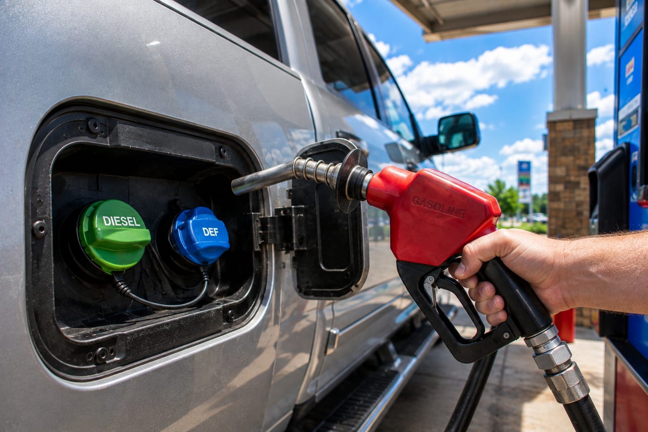 Puerta de combustible de una camioneta diésel con tapa verde de DIESEL y tapa azul de DEF en una gasolinera mientras se sostiene una boquilla roja de gasolina al lado