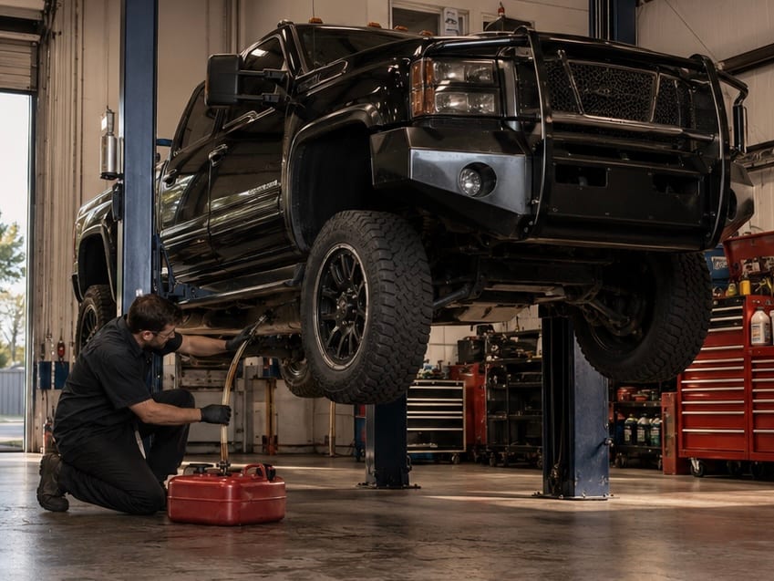 Diesel pickup raised on a shop lift for fuel-system work at Smith Towing's Crosby diesel shop