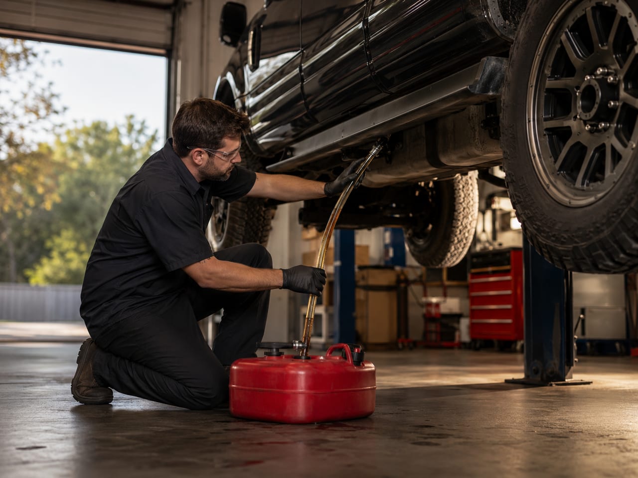 Technician draining contaminated fuel from a diesel pickup on the lift at Smith Towing's Crosby shop