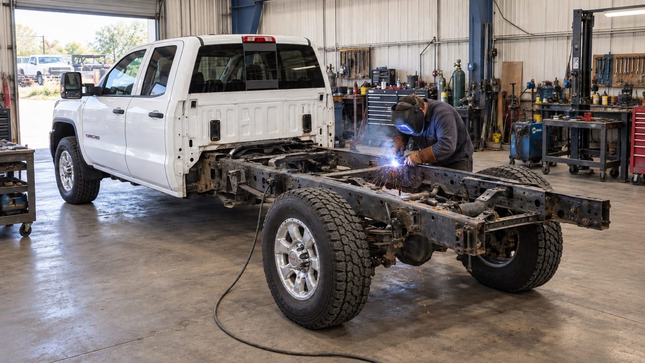A welder working on the exposed frame of a white GMC pickup in a workshop